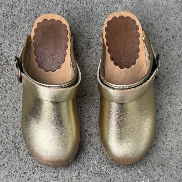 HANNA ANDERSSON Gold Slingback Wooden Clogs Girls 11.5 29 Metallic Leather Clog - Picture 10 of 10